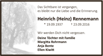 Traueranzeige von Heinrich Rennemann von Deister- und Weserzeitung