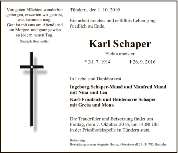 Traueranzeige von Karl Schaper von Deister- und Weserzeitung