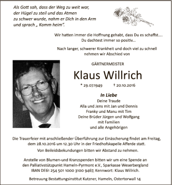 Traueranzeige von Klaus Willrich von Deister- und Weserzeitung