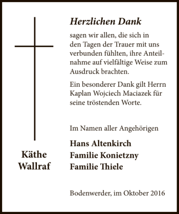 Traueranzeige von Käthe Wallraf von Deister- und Weserzeitung