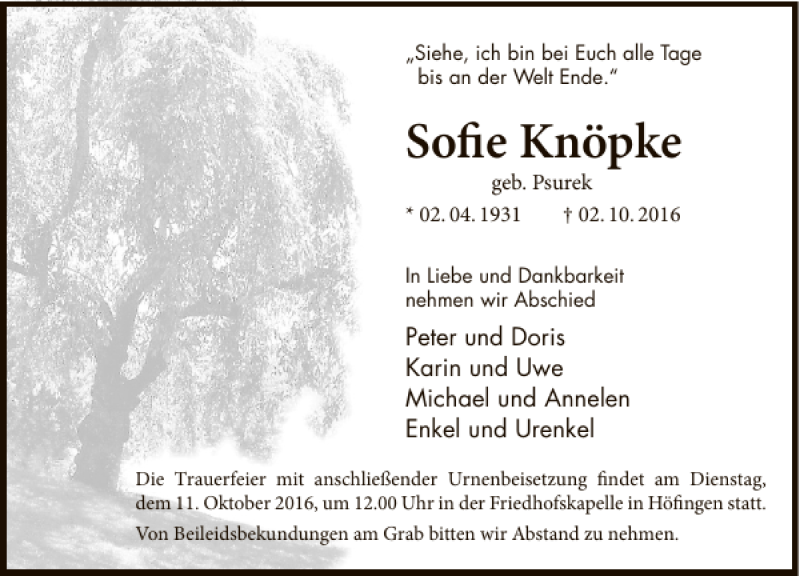  Traueranzeige für Sofie Knöpke vom 06.10.2016 aus Deister- und Weserzeitung