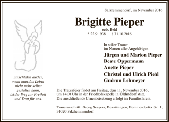Traueranzeige von Brigitte Pieper von Deister- und Weserzeitung