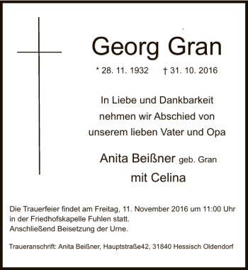 Traueranzeige von Georg Gran von Deister- und Weserzeitung