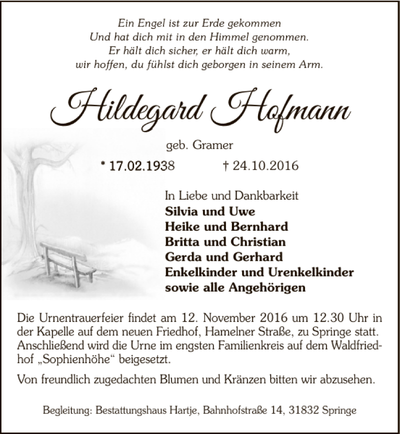  Traueranzeige für Hildegard Hofmann vom 09.11.2016 aus Neue Deister-Zeitung