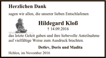 Traueranzeige von Hildegard Kloß von Deister- und Weserzeitung