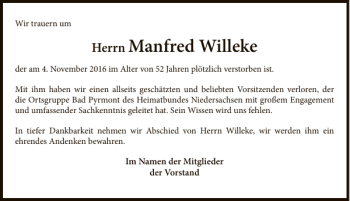 Traueranzeige von Manfred Willeke von Deister- und Weserzeitung