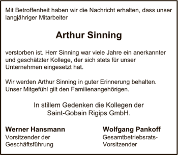 Traueranzeige von Nachruf Arthur Sinning von Deister- und Weserzeitung