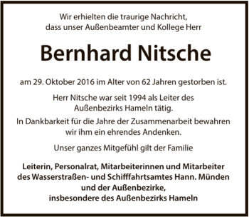 Traueranzeige von Nachruf Bernhard Nitsche von Deister- und Weserzeitung