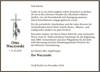 Traueranzeige von Otto Waczynski von Deister- und Weserzeitung