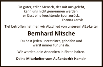 Traueranzeige von TA Berhard Nische von Deister- und Weserzeitung