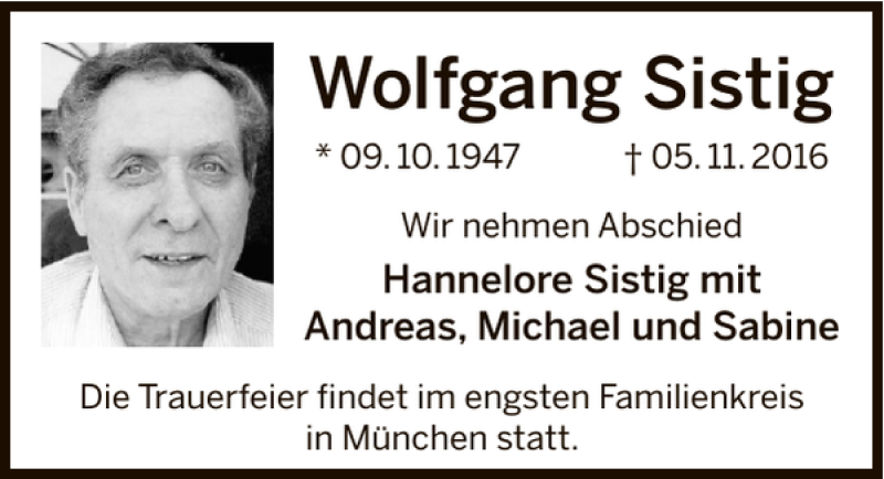  Traueranzeige für Wolfgang Sistig vom 09.11.2016 aus Deister- und Weserzeitung