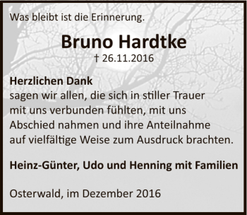 Traueranzeige von Bruno Hardtke von Deister- und Weserzeitung
