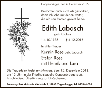 Traueranzeige von Edith Labasch von Deister- und Weserzeitung
