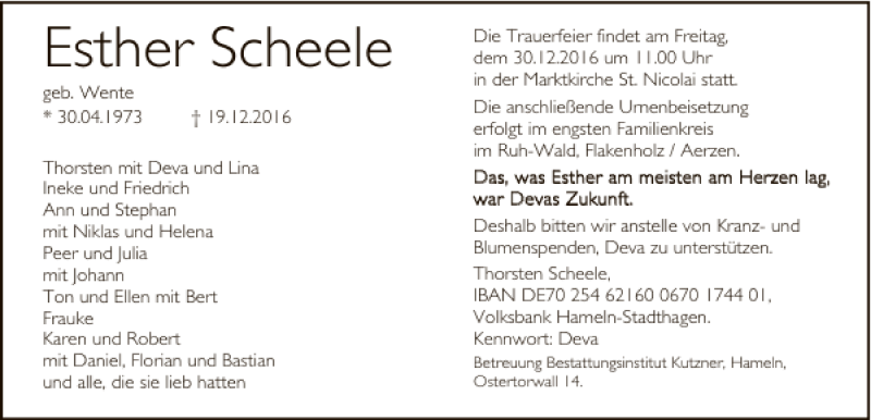  Traueranzeige für Esther Scheele vom 24.12.2016 aus Deister- und Weserzeitung