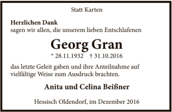 Traueranzeige von Georg Gran von Deister- und Weserzeitung