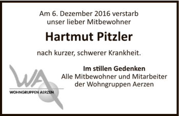 Traueranzeige von Hartmut Pitzler von Deister- und Weserzeitung