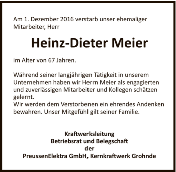 Traueranzeige von Heinz - Dieter Meier von Deister- und Weserzeitung