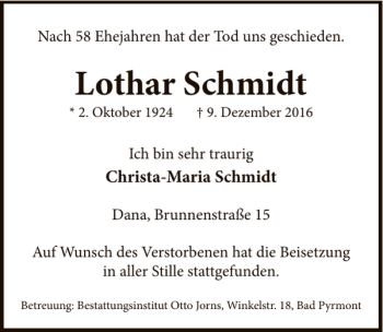 Traueranzeige von Lothar Schmidt von Deister- und Weserzeitung