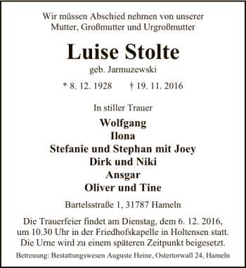 Traueranzeige von Luise Stolte von Deister- und Weserzeitung