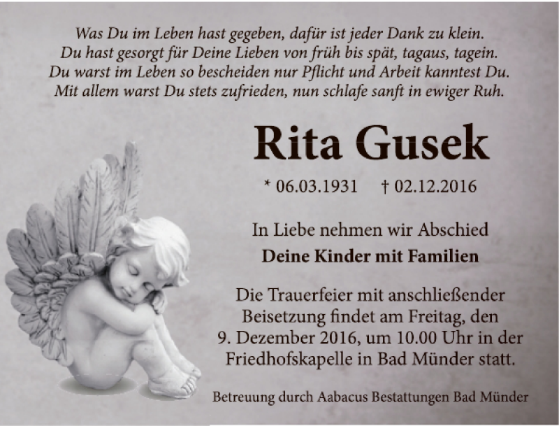  Traueranzeige für Rita Gusek vom 07.12.2016 aus Neue Deister-Zeitung