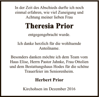 Traueranzeige von Theresia Prior von Deister- und Weserzeitung