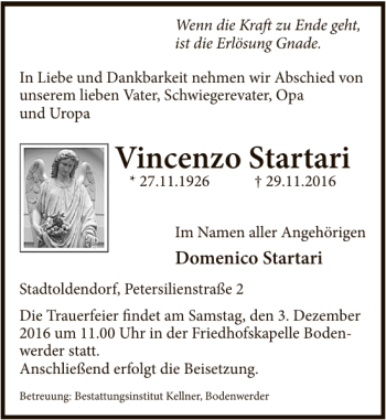 Traueranzeige von Vincenzo Startari von Deister- und Weserzeitung