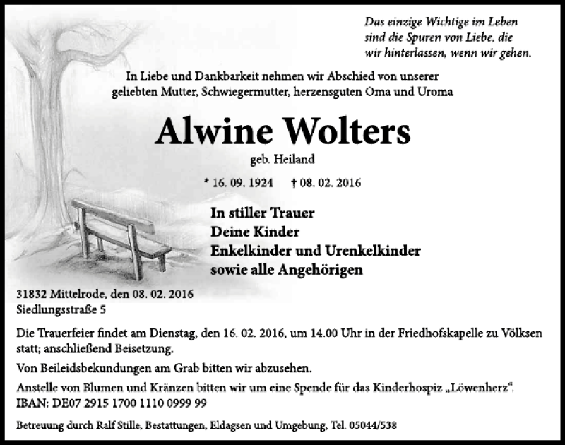  Traueranzeige für Alwine Wolters vom 10.02.2016 aus Neue Deister-Zeitung