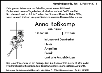 Traueranzeige von Anna Roßkamp von Deister- und Weserzeitung