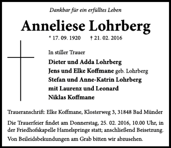 Traueranzeige von Anneliese Lohrberg von Neue Deister-Zeitung