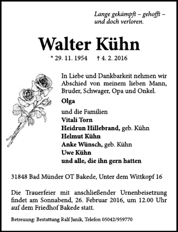 Traueranzeige von Walter Kühn von Neue Deister-Zeitung