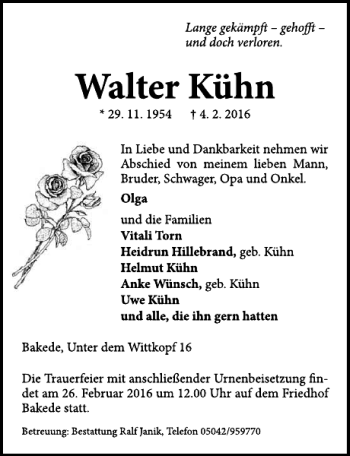 Traueranzeige von Walter Kühn von Neue Deister-Zeitung