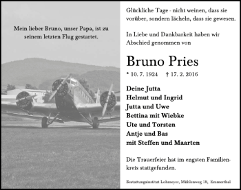 Traueranzeige von Bruno Pries von Deister- und Weserzeitung
