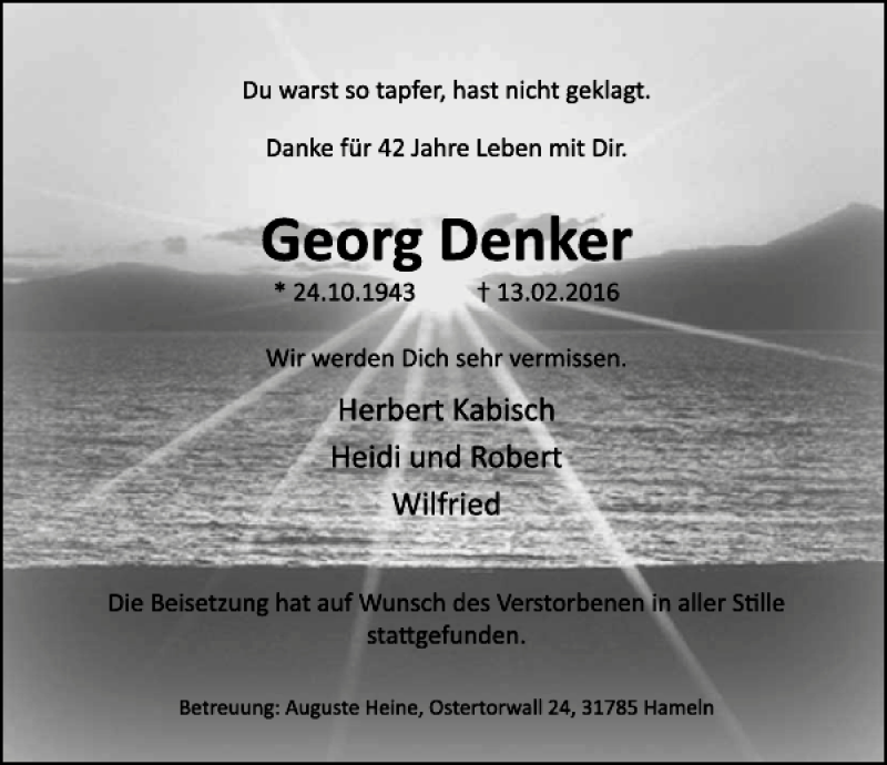  Traueranzeige für Georg Denker vom 27.02.2016 aus Deister- und Weserzeitung