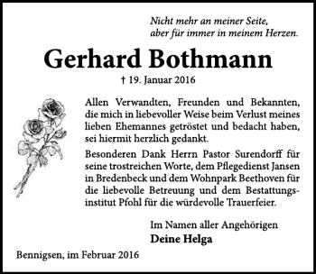 Traueranzeige von Gerhard Bothmann von Neue Deister-Zeitung