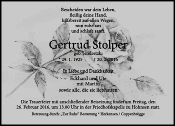 Traueranzeige von Gertrud Stolper. von Deister- und Weserzeitung