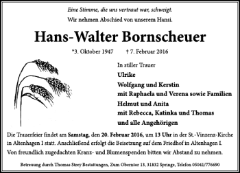 Traueranzeige von Hans-Walter Bornscheuer von Neue Deister-Zeitung