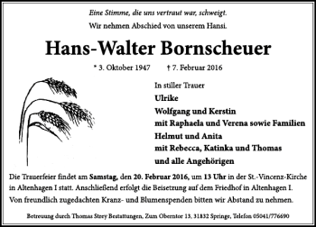 Traueranzeige von Hans-Walter Bornscheuer von Neue Deister-Zeitung
