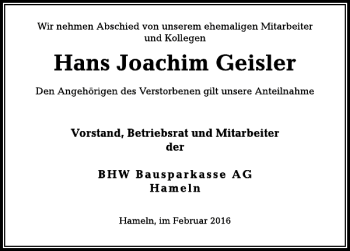 Traueranzeige von Hans Joachim Geisler von Deister- und Weserzeitung
