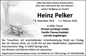 Traueranzeige von Heinz Pelker von Neue Deister-Zeitung