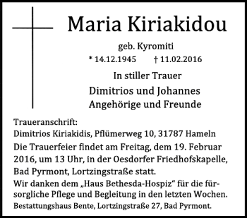 Traueranzeige von Maria Kiriakidou von Deister- und Weserzeitung