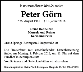 Traueranzeige von Peter Görn von Neue Deister-Zeitung