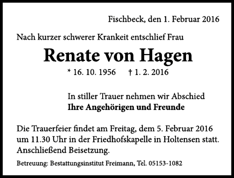  Traueranzeige für Renate von Hagen vom 04.02.2016 aus Deister- und Weserzeitung