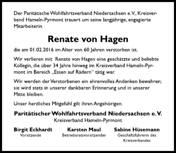 Traueranzeige von Renate von Hagen NAchruf von Deister- und Weserzeitung