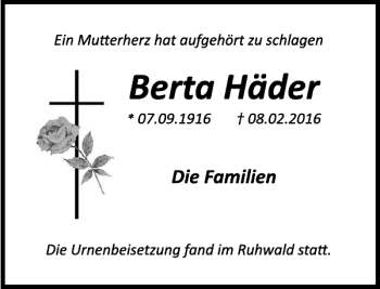 Traueranzeige von TA Berta Häder von Deister- und Weserzeitung