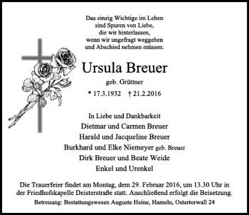 Traueranzeige von Ursula Breuer von Deister- und Weserzeitung