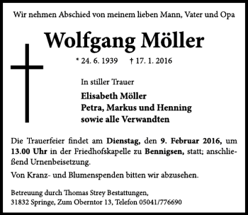 Traueranzeige von Wolfgang Möller von Neue Deister-Zeitung