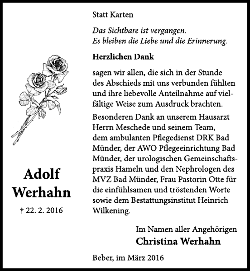  Traueranzeige für Adolf Werhahn vom 22.03.2016 aus Neue Deister-Zeitung