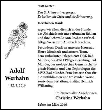 Traueranzeige von Adolf Werhahn von Neue Deister-Zeitung