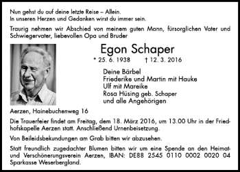 Traueranzeige von Egon Schaper von Deister- und Weserzeitung