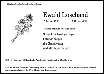 Traueranzeige von Ewald Losehand von Deister- und Weserzeitung